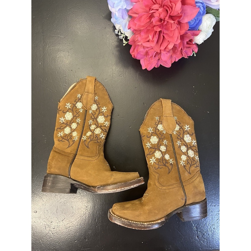 Tan Cream Floral Embroidery Leather Square Two Western Girls Boots 9 See Details